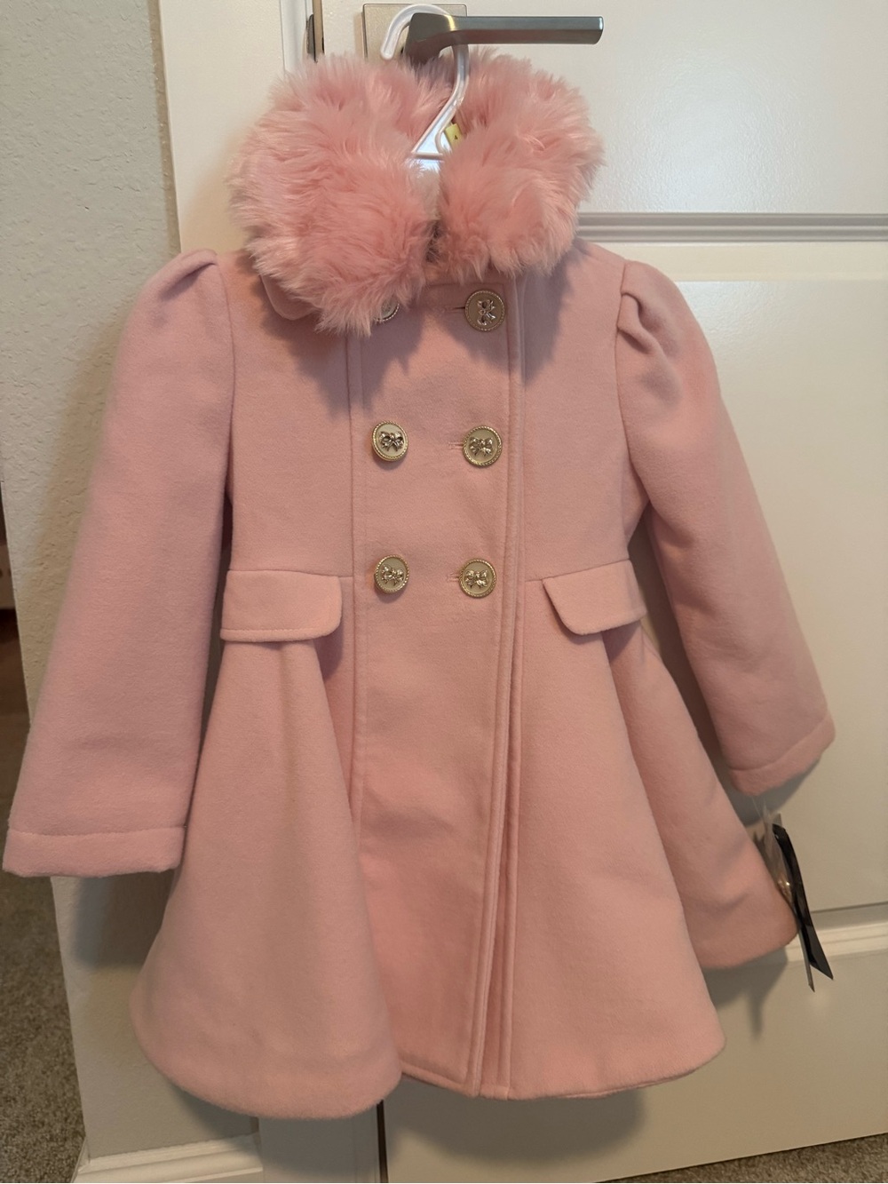 Rothschild Light Pink Faux Fur Collar Double-Breasted Pea Coat